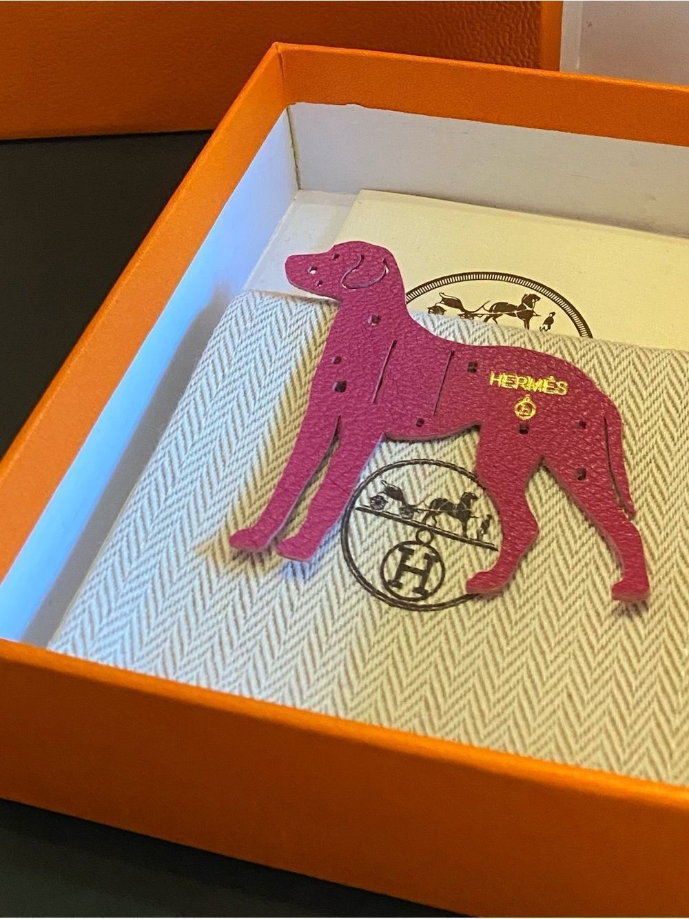🛍️Hermès Authentic Petit H Pink Leather Dalmatian Charm with Hermes’ Ribbon